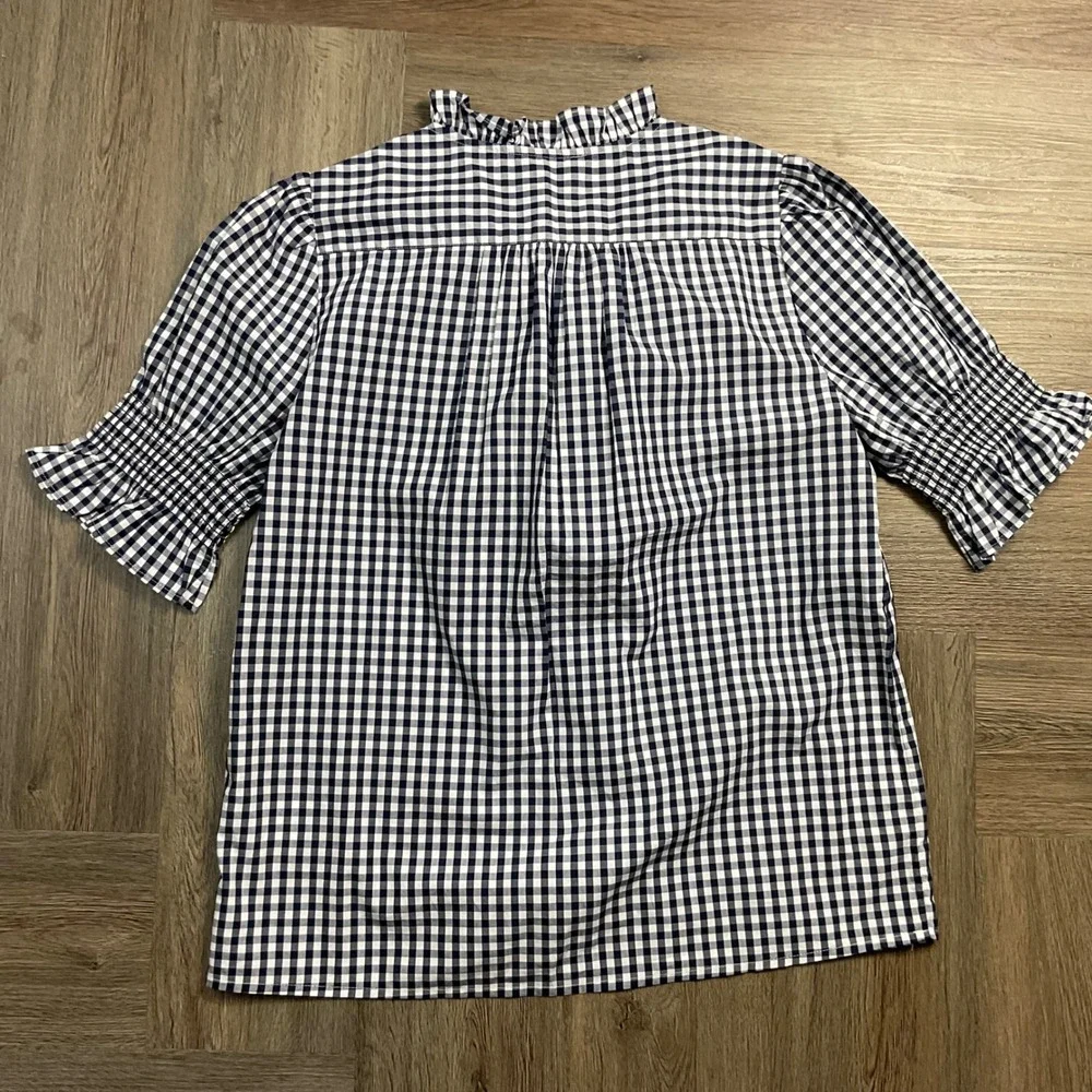 J.Crew Gingham Ruffle Neck Puff Sleeve Boho Cotton Top XS Navy White Cottagecore